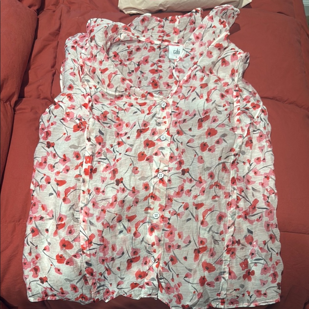 CAbi White and Red Ruffled Blouse with Peter Pan Collar